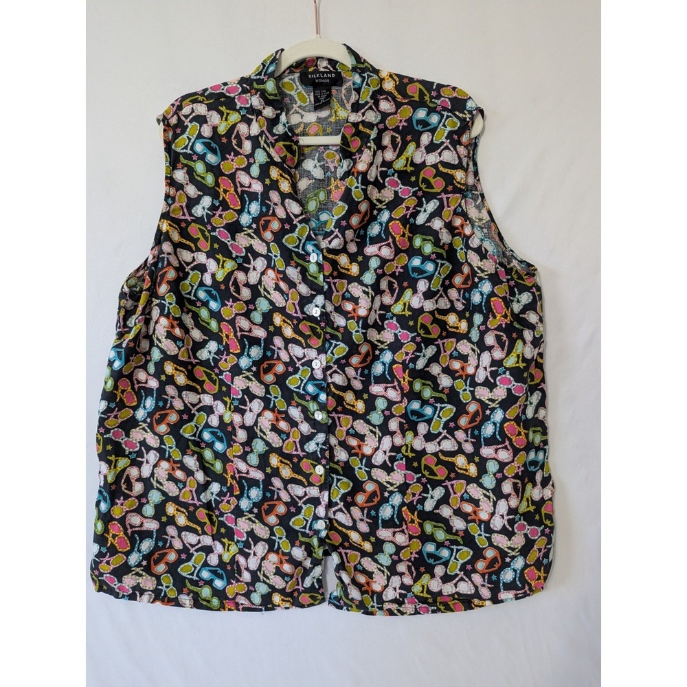 SILKLAND Woman 3X Sleeveless Linen Button Up Top Sunglasses Art To Wear Novelty